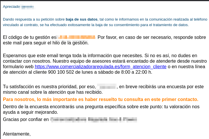 Se muestra una respuesta a un correo con datos personales pixelados donde se confirma la baja de mi consentimiento al tratamiento de datos 