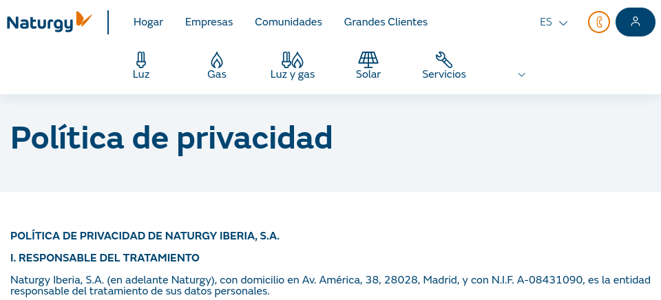 Captura de pantalla de la política de privacidad de Naturgy donde se muestra el Responsable del tratamiento de datos
